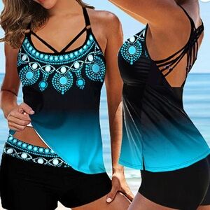 Blue Ombre Strappy Tankini Top with Aztec-Inspired Print